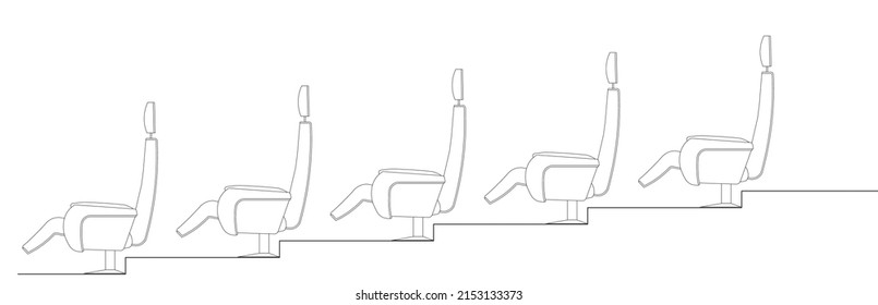 Side elevation of an auditorium or cinema seats installed on the terraced floor to provide a clear view to the audience. 2D CAD drawing in black and white.