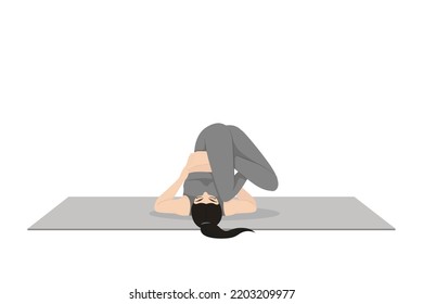 Side Embryo Pose in Shoulder Stand. Beautiful girl practice Parsva Pindasana. Young attractive woman practicing yoga exercise. working out, black wearing sportswear, grey pants and top, indoor full le