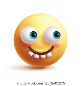 Side eye emoji clipart 3d character. Naughty emoji face, silly, glance, big eyes, smiling toothless, happy, playful and funny facial expression yellow icon graphic element. Vector illustration 