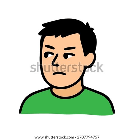 Side eye look doodle male character. Displeased, unhappy emotion avatar. Suspicious facial expression.