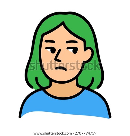 Side eye look female doodle character. Displeased, unhappy emotion avatar. Suspicious facial expression.