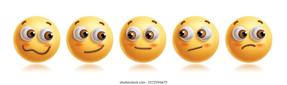 Side eyes emojis clipart characters set. Emoji 3d character in glance face, sarcasm, doubt, unamazed, confused and frustrated facial expression yellow graphic elements. Vector illustration side eyes 