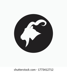 side face angora goat with long horn isolated on black circle - goat, sheep, lamb logo emblem or button icon silhouette - mammal, animal vector icon