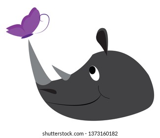 The side face of a horned rhinoceros while smiling chases a purple-colored butterfly vector color drawing or illustration 