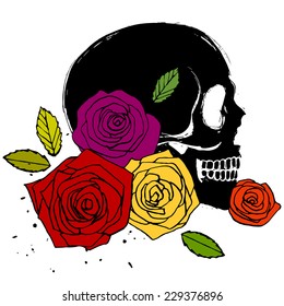 Side face human skull with colorful roses, isolated illustration in grunge style