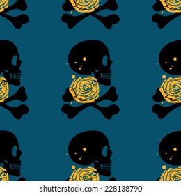 Side face human skull with rose seamless pattern on blue background, vector grunge illustration