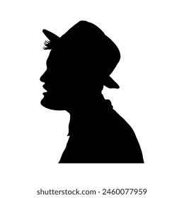 Side face portrait profile of a young man with hat black silhouette.	