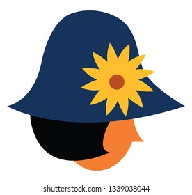 Cara lateral de una niña de pelo corto con sombrero azul con una flor amarilla en su dibujo de color vectorial o ilustración 