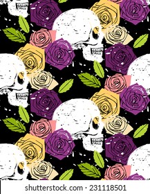 Side face white skull floral seamless background with colorful rose flowers, vector grunge style  pattern 