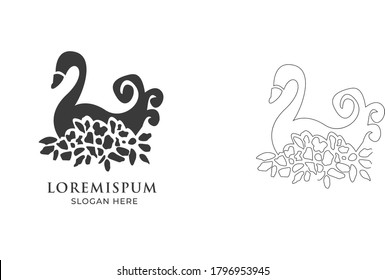 side Flying up duck, goose, swan logo art.duck hunting logo design .duck goose logo icon vector illustration hipster stock for cafe and restaurant mono line outline line