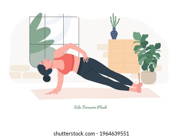 Pone de yoga de la plancha lateral del antebrazo. Joven practicando yoga. Las mujeres entrenan en gimnasia, aeróbic y ejercicios. Ilustración vectorial.