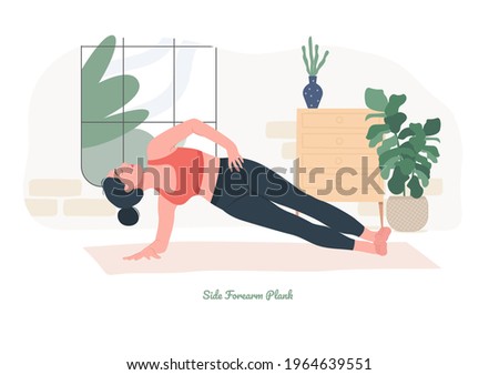 Side Forearm Plank Yoga pose. Young woman practicing yoga  exercise. Woman workout fitness, aerobic and exercises. Vector Illustration.