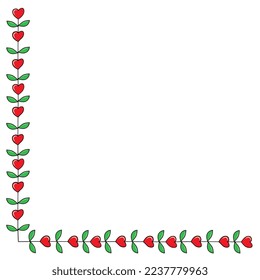 Side frame of leaves and hearts. Vector illustration in doodle style.