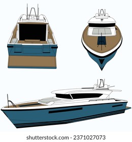  Side , front and back view yacht vector line art illustration