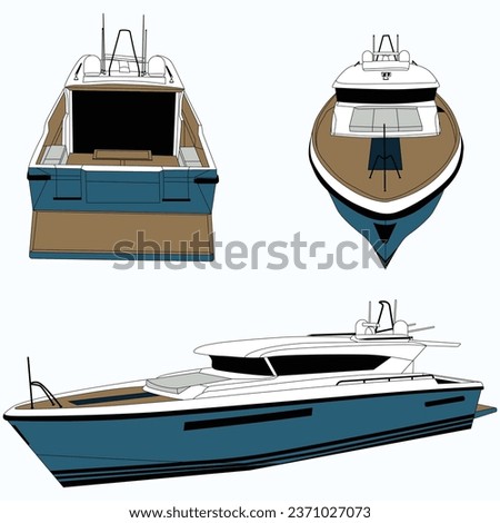  Side , front and back view yacht vector line art illustration