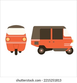 side and front vector illustration, orange Bajay a three-wheeled transportation that characterizes the city of Jakarta.
