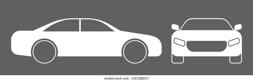Side and front view of abstract sedan car. Simple white icon on gray (any) background. Vector illustration