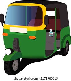 Side front view of auto rickshaw vehicle with and without driver isolated on white background. Tuk-tuk icon. Vector illustration