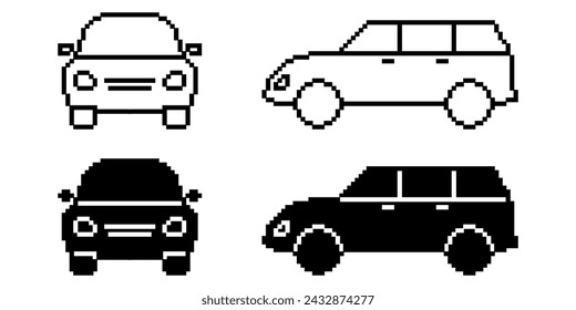 side and front view pixel art car icon set isolated on white background