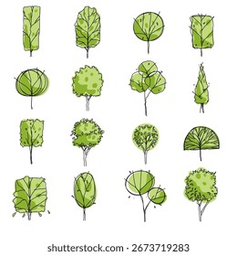 Side front view, set of hand drawn graphic trees elements outline symbol for green architecture and landscape design drawing. Trees icon. Vector illustration