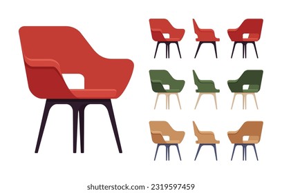 Side furniture reception chair, dining lounge seat big accent set. Cafe indoor, outdoor use, kitchen, guest room modern decor. Vector flat style cartoon home, office pieces isolated, white background