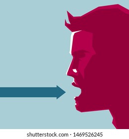 The side of the head and the arrow symbol. Isolated on blue background.