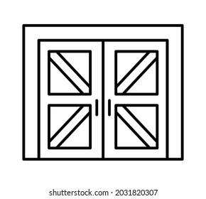 Side Hinged Vintage Garage Door In Rustic Country Style. Black And White Vector Illustration. Line Icon Of Closed Warehouse, Barn Gate. Symbol For Exterior Design. Isolated Object On White Background