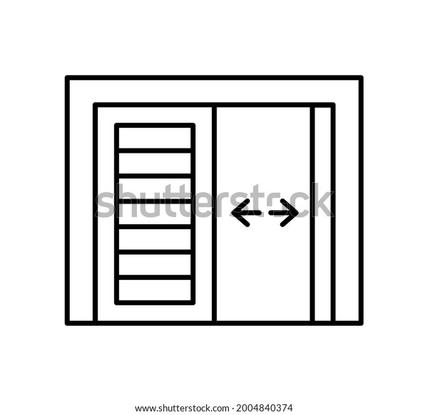 Side hinged vintage garage door. Black\
and white vector illustration. Line icon of warehouse gate. Symbol\
for exterior design element. Isolated\
object
