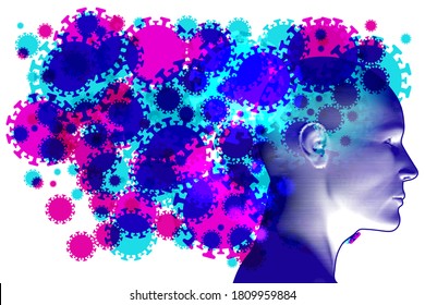 A Side Human Figure Surrounded By Airborne Infectious Covid-19,  Virus Cells And Particles. 