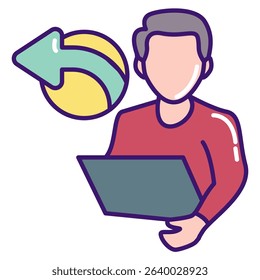 Side Hustle icon represented by worker, side arrow Lineal Color style.