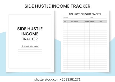 Side Hustle Income Tracker Log Book design template, interior design with black and white paper