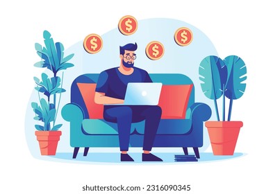 Side hustle. Man sitting on sofa. Work at home working on his second income online. Money making hobby concept. Vector illustration.