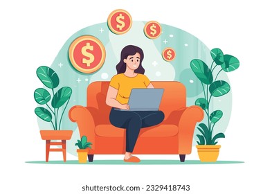 Side Hustle. Woman earning money from couch at home. Female person sitting on sofa with laptop computer and dollar bills raining down. Vector illustration.