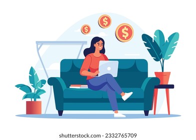 Side Hustle. Woman earning money from couch at home. Female person sitting on sofa with laptop computer and dollar bills raining down. Vector illustration.