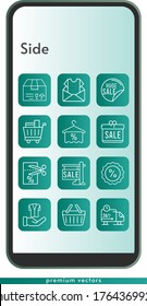 conjunto de iconos laterales. incluido regalo, boletín, venta, paquete, toalla, vale, carrito de la compra, descuento, chaqueta, camión de reparto, iconos de la cesta de la compra en el fondo del diseño del teléfono. estilos lineales.
