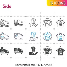 side icon set. included shirt, jacket, delivery truck icons on white background. linear, bicolor, filled styles.