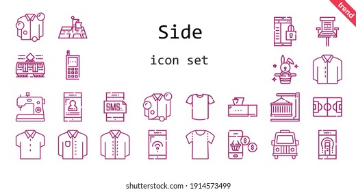 side icon set. line icon style. side related icons such as container, tissue box, van, office chair, shirt, smartphone, sewing machine, rabbit, cellphone, position, tram, football field, 