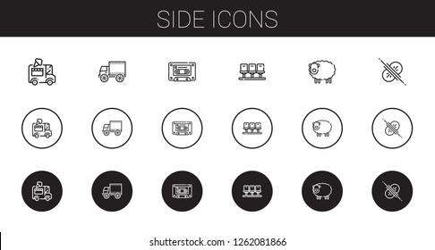 side icons set. Collection of side with ice cream car, side view, cassette, seats, sheep, collision. Editable and scalable side icons.