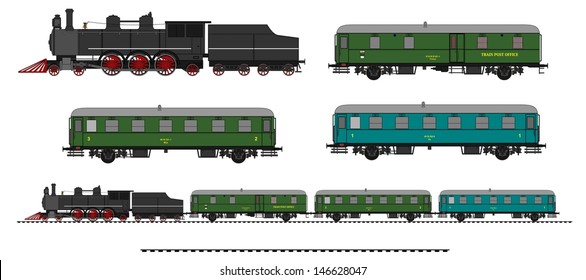 A Side Illustration Of Vintage Train. Kit Contain: Steam Locomotive, Post Car, Personal Car, Tracks