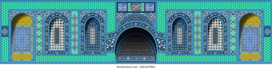 Side Islamic decoration of the Dome of the Rock Mosque with colorful tiled windows and geometric arabesque patterns. design for israa and Miraj Celebration