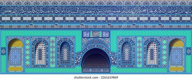 Decoración islámica lateral de la Cúpula de la Mezquita de Rock con ventanas de azulejos coloridas, patrones arabescos geométricos y versos del Sagrado Corán. diseño para la celebración de israa y Miraj