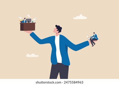 Side job or side hustle to make money, decision or balance between gig economy and main office work, freelancer or salary man routine concept, businessman balance between main work and side hustle.