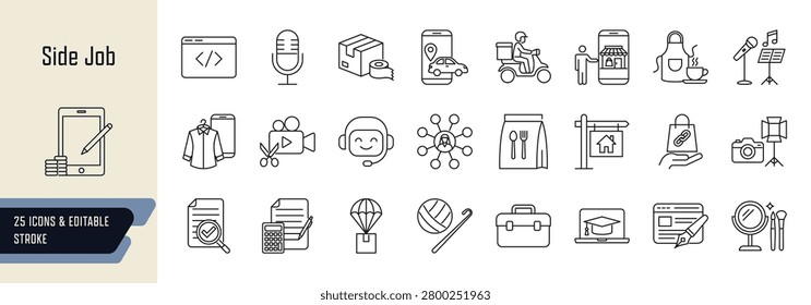 Side job line icons collection, 25 editable stroke symbols depicting digital freelancing and remote work, ecommerce and side hustle, gig economy