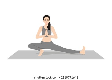 Manos De Oración Del Lado Del Pulgar Del Lado. Hermosa chica practica Skandasana Namaste Hands. Joven atractiva practicando yoga. ejercicios, ropa deportiva negra, pantalones grises y top