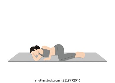 Side Lying Savasana, Side Lying Corpse Pose, Side Fetal Pose. Schöne Mädchen üben Parsva Savasana, Parsva Garbhasana. Junge attraktive Frau, die Yoga trainiert. ausgezogen, schwarz tragen