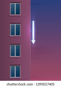 The side of the modern panel house. Decorative glowing neon arrow on the wall. Night landscape.