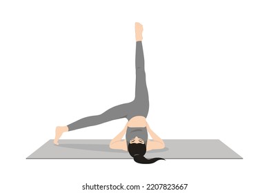 Side One Legged Shoulderstand Pose. Beautiful girl practice Parsvaika Pada Sarvangasana. Young attractive woman practicing yoga exercise. working out, black wearing sportswear, grey pants and top