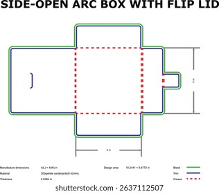 Side open arc box packaging template with flip lid die-cut design