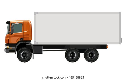 Side orange truck with a container on a white background