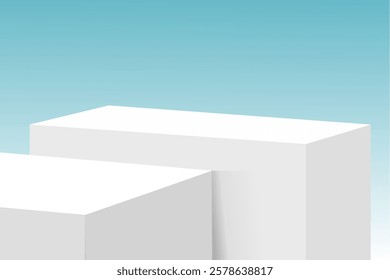 Side panels of two rectangular prism shaped display stands. White podium for show, presentation product background with blue sky, vector illustration
